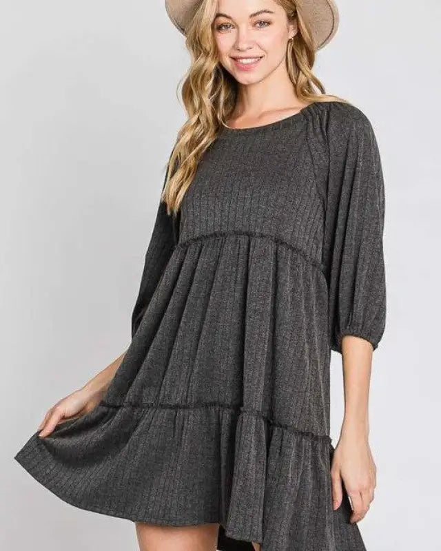 SOLID RIB CASUAL BABYDOLL TIERED DRESS