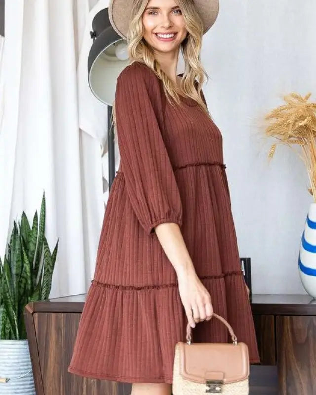 SOLID RIB CASUAL BABYDOLL TIERED DRESS