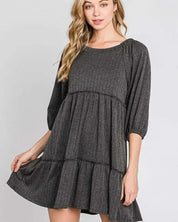 SOLID RIB CASUAL BABYDOLL TIERED DRESS