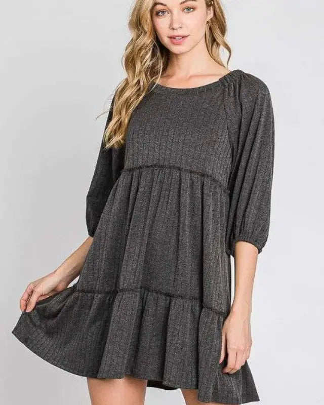 SOLID RIB CASUAL BABYDOLL TIERED DRESS