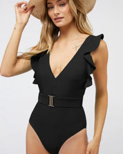 Solid Ruffle Sleeve One Piece Swimsuit