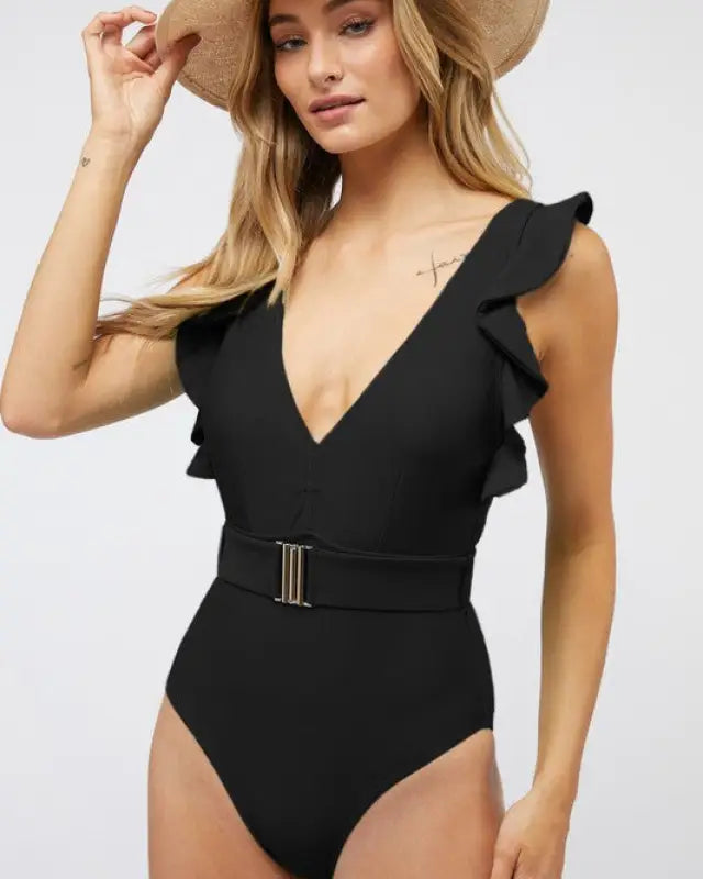 Solid Ruffle Sleeve One Piece Swimsuit