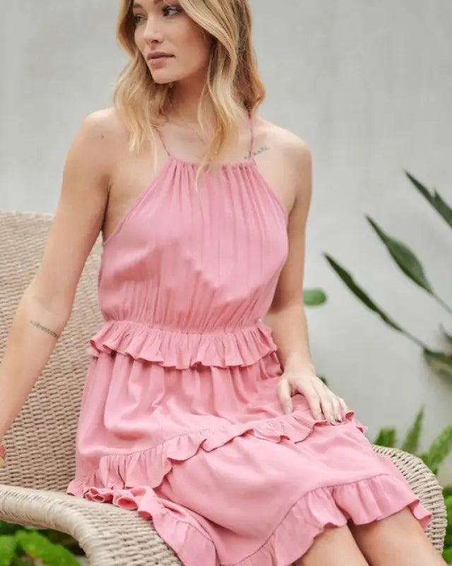 Solid Ruffle Sleeveless Mini Dress