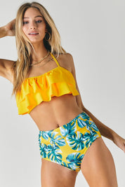 Solid Ruffle Top And Bottom Swimsuit