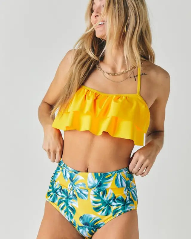 Solid Ruffle Top And Bottom Swimsuit