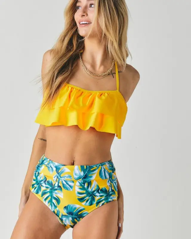 Solid Ruffle Top And Bottom Swimsuit