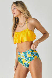 Solid Ruffle Top And Bottom Swimsuit