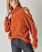 Solid Turtleneck Cutout Long Sleeve Sweater