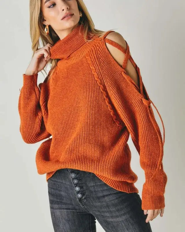 Solid Turtleneck Cutout Long Sleeve Sweater