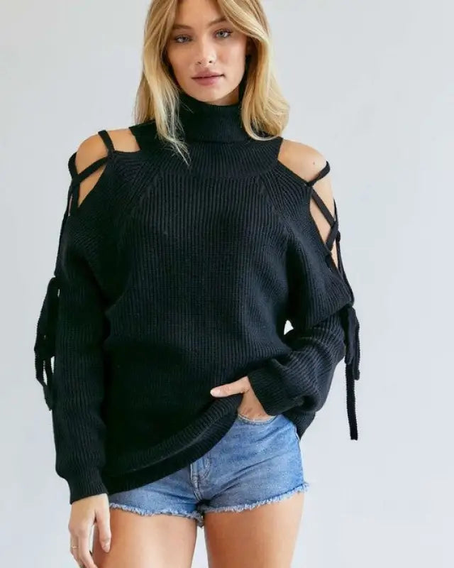 Solid Turtleneck Cutout Long Sleeve Sweater