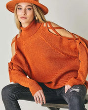 Solid Turtleneck Cutout Long Sleeve Sweater