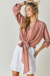 Solid V Neck Long Sleeve Top - Blush / S