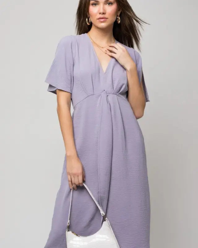 Solid V-Neck Midi Dress W-Front Knot