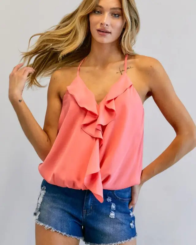 Solid V-Neck Sleeveless Ruffle Top