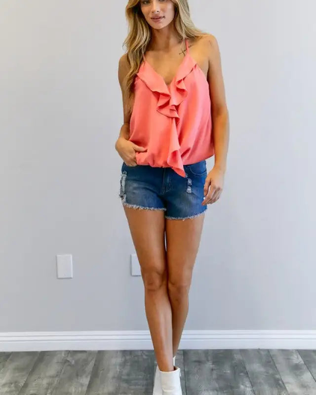 Solid V-Neck Sleeveless Ruffle Top