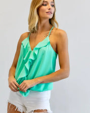 Solid V-Neck Sleeveless Ruffle Top