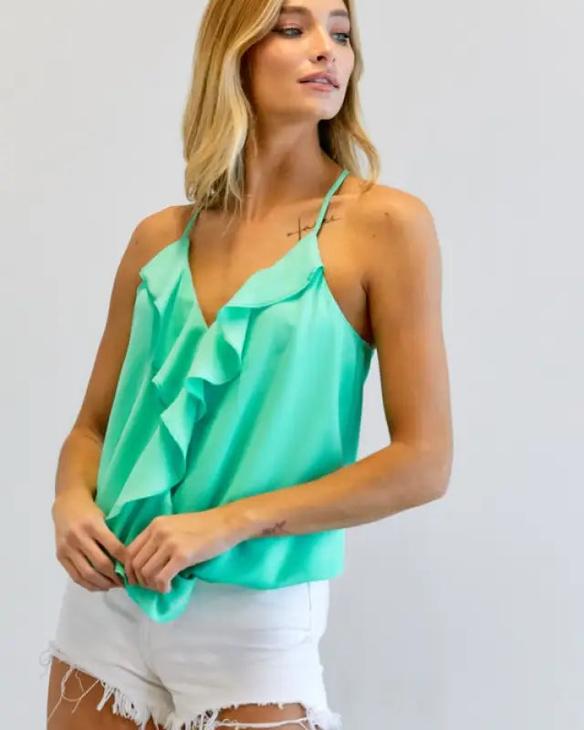 Solid V-Neck Sleeveless Ruffle Top