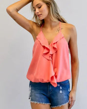 Solid V-Neck Sleeveless Ruffle Top