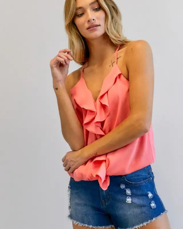 Solid V-Neck Sleeveless Ruffle Top