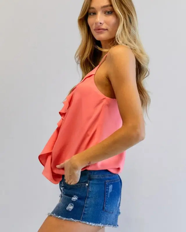 Solid V-Neck Sleeveless Ruffle Top