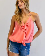 Solid V-Neck Sleeveless Ruffle Top