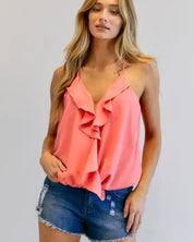 Solid V-Neck Sleeveless Ruffle Top