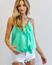 Solid V-Neck Sleeveless Ruffle Top