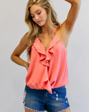 Solid V-Neck Sleeveless Ruffle Top