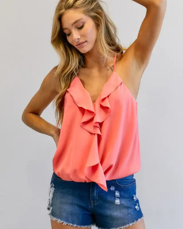 Solid V-Neck Sleeveless Ruffle Top