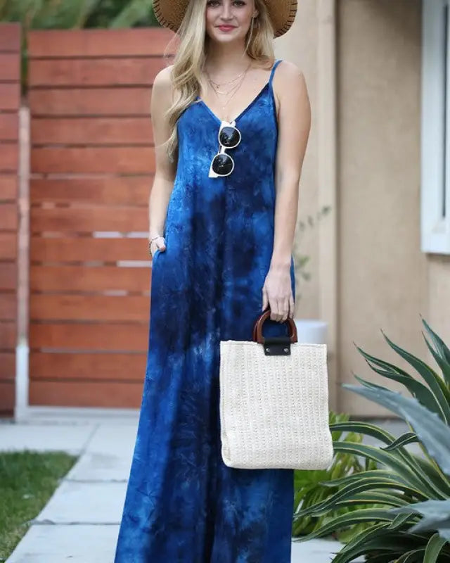 Spaghetti Strap Maxi Long Dress with Pocket