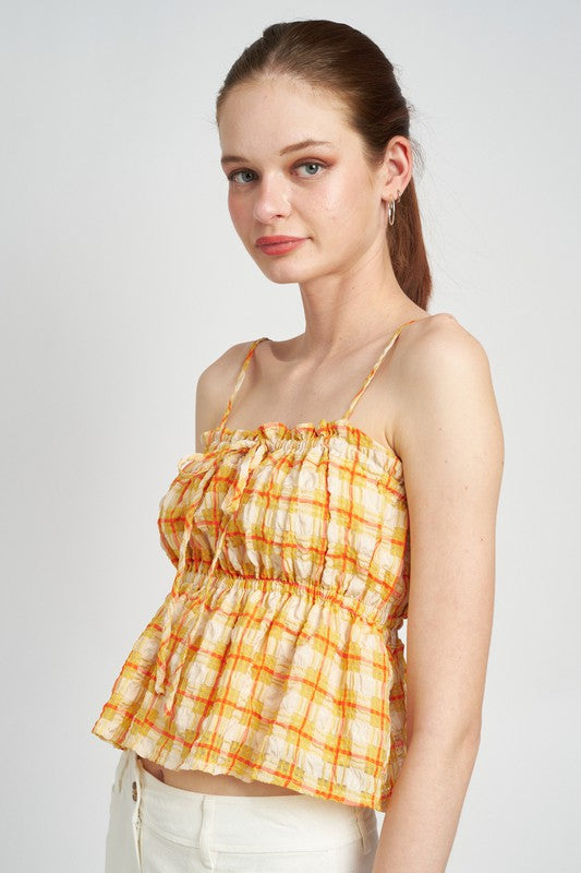 SPAGHETTI STRAP SHIRRED BABYDOLL TOP - YELLOW ORANGE / S