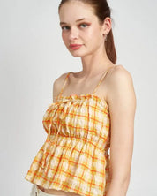 SPAGHETTI STRAP SHIRRED BABYDOLL TOP - YELLOW ORANGE / S