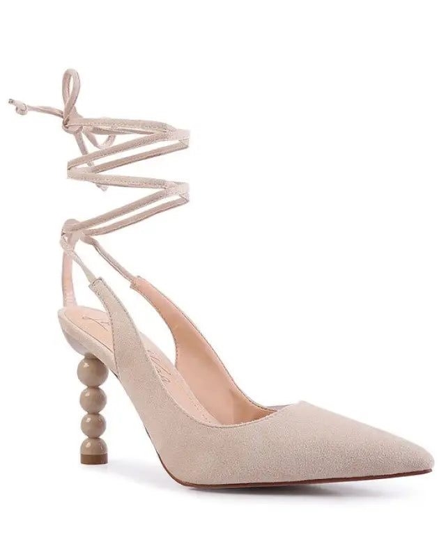 SPICED FAUX SUEDE CUT OUT HEEL LACEUP SANDALS - Beige / 5