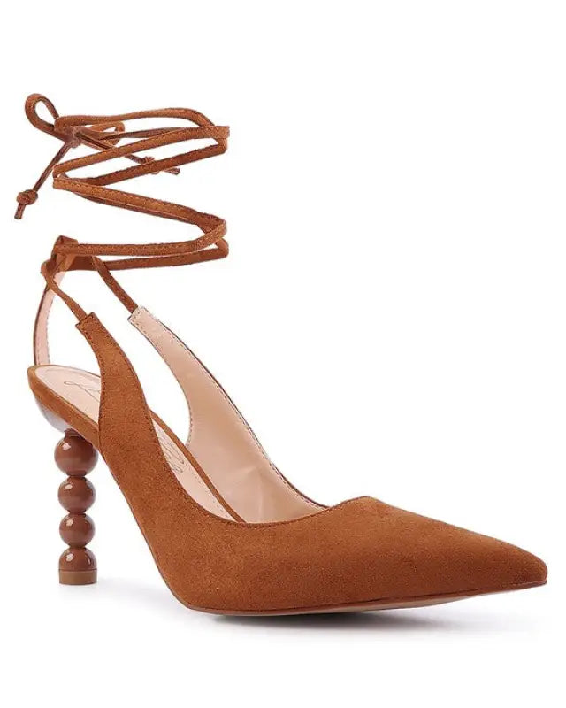 SPICED FAUX SUEDE CUT OUT HEEL LACEUP SANDALS - Tan / 5