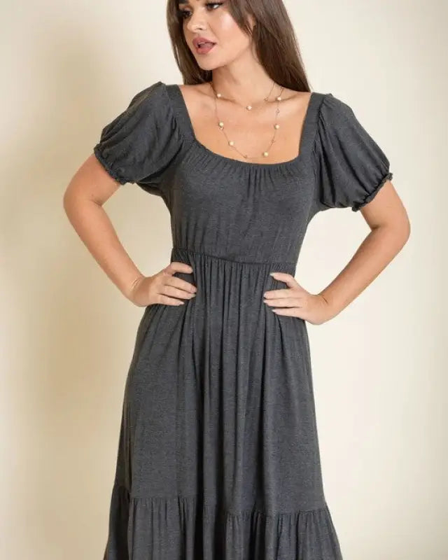 Square Neck Puff Sleeve Boho Dress