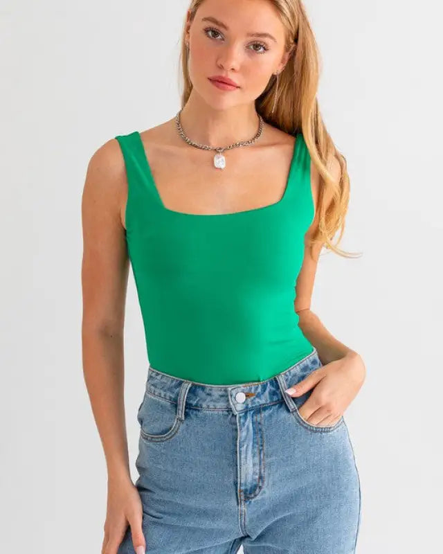 Square Neck Tank Bodysuit - KELLY GREEN / XS