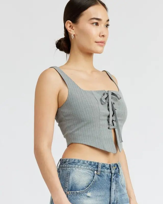 SQUARE NECK TOP WITH LACE UP FRONT