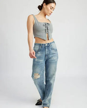 SQUARE NECK TOP WITH LACE UP FRONT