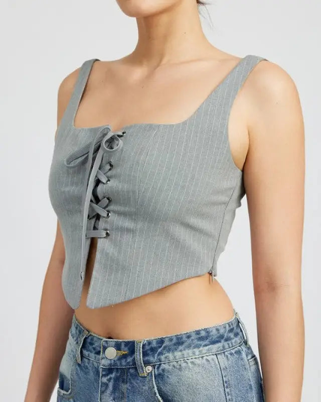 SQUARE NECK TOP WITH LACE UP FRONT