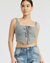 SQUARE NECK TOP WITH LACE UP FRONT - GREY WHITE / S