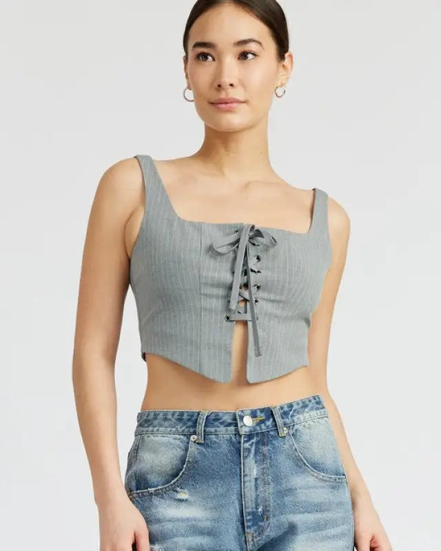 SQUARE NECK TOP WITH LACE UP FRONT - GREY WHITE / S