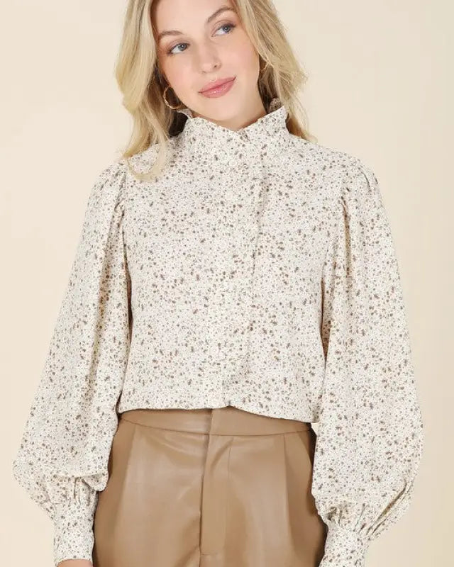 Stand Collar Floral Frill Blouse