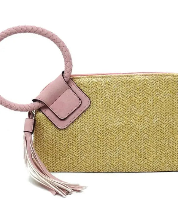 Straw Cuff Handle Tassel Wristlet Clutch - BLUSH