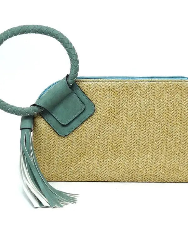 Straw Cuff Handle Tassel Wristlet Clutch - TURQUOISE