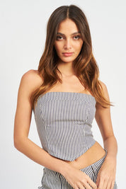 STRIPED BACK STRAP AND EYELET DETAIL TUBE TOP - BLUE / S