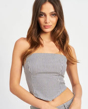 STRIPED BACK STRAP AND EYELET DETAIL TUBE TOP - BLUE / S