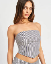 STRIPED BACK STRAP AND EYELET DETAIL TUBE TOP