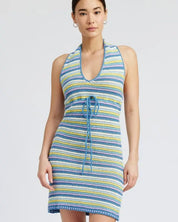 STRIPED CROCHET MINI DRESS WTIH HALTER NECK - blue multi / S