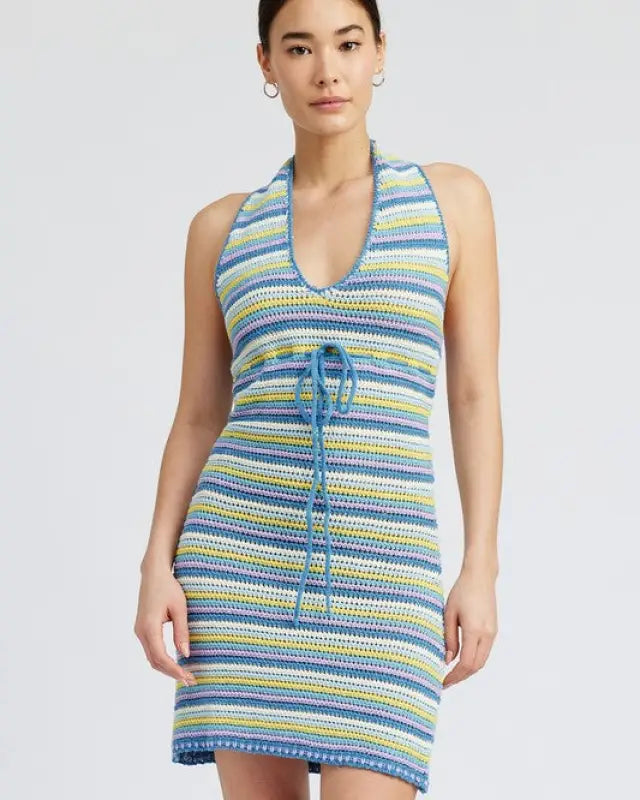 STRIPED CROCHET MINI DRESS WTIH HALTER NECK - blue multi / S