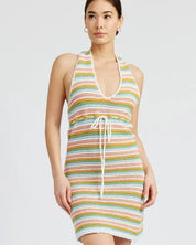 STRIPED CROCHET MINI DRESS WTIH HALTER NECK - BLUSH MUI / S